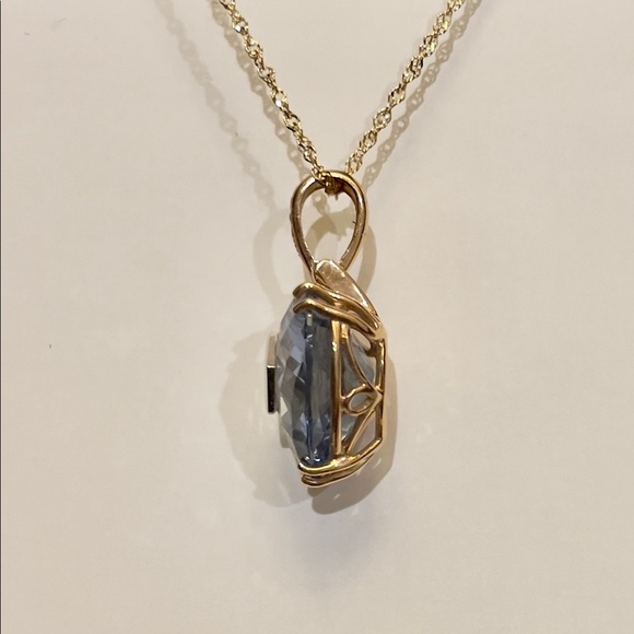 18k Gold Heart Shaped Faceted London Blue Topaz & Princess Cut Diamonds Pendant - Picture 6 of 9